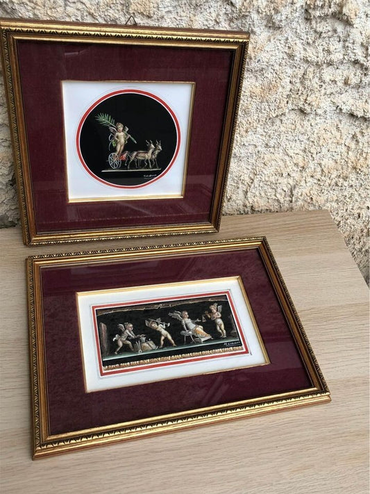 Coppia di quadri vintage “Puttini” dipinti ad acquerello su carta M.Cirillo