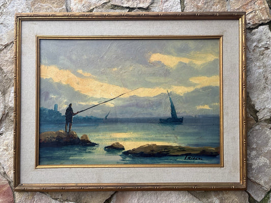 Quadro -Marina Con Pescatore- dipinto a olio