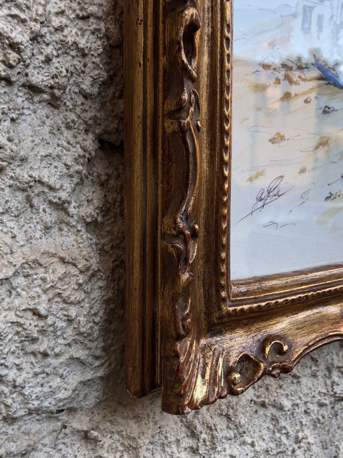 QUADRO VINTAGE-PAESAGGIO CON BARCHE-DIPINTO AD ACQUERELLO SU CARTA