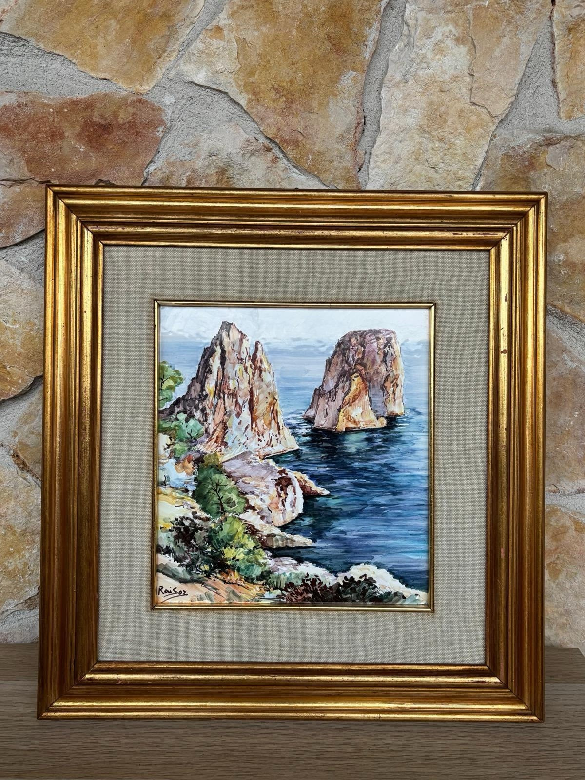 Quadro -Capri, I Faraglioni- dipinto su mattonella