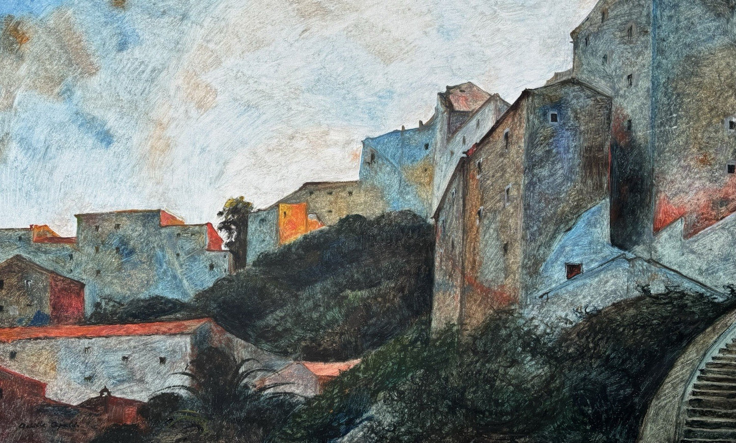 Quadro -Paesaggio Con Case- Achille Capaldo dipinto a olio su tela