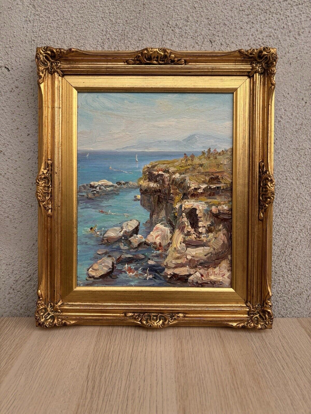 Quadro -Marina Con Bagnanti- dipinto a olio su tavoletta