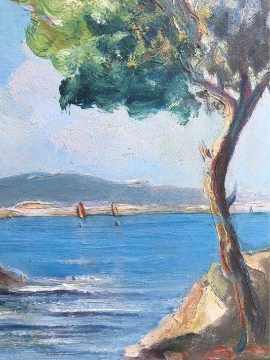 Antico quadro francese-Marina- dipinto a olio su masonite