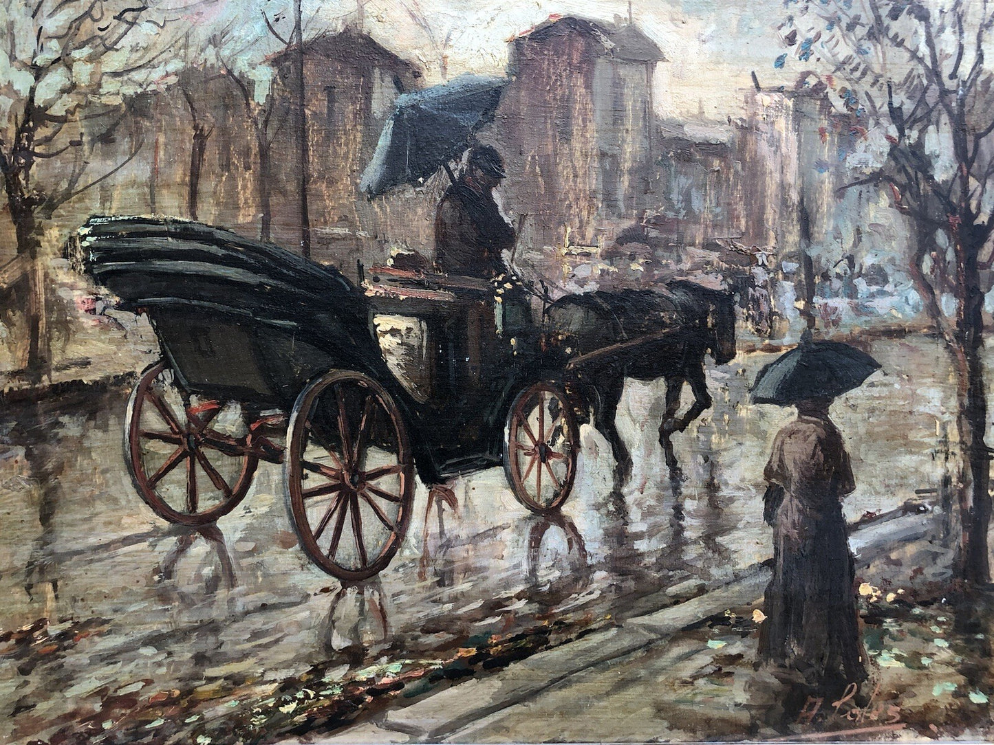 Quadro vintage -Carrozza Con Figure- dipinto a olio su tavoletta