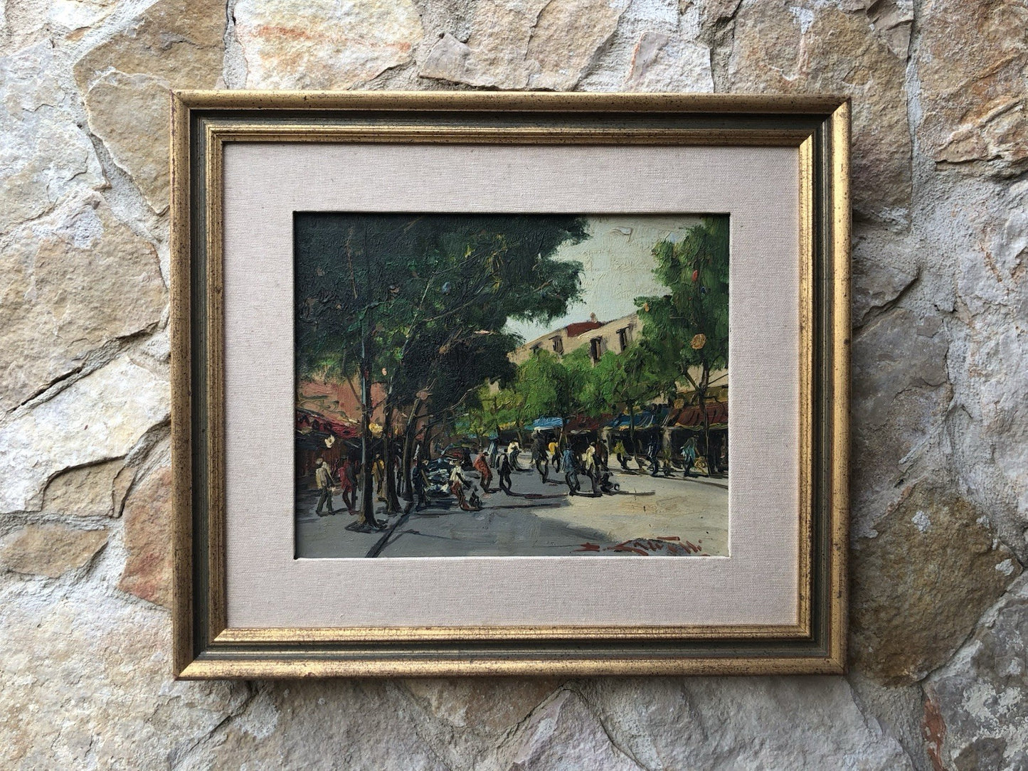 Quadro vintage - Strada Con Figure- dipinto a olio su tavoletta