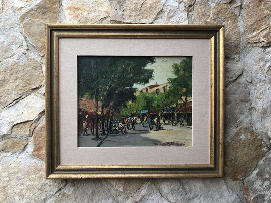 Quadro vintage - Strada Con Figure- dipinto a olio su tavoletta