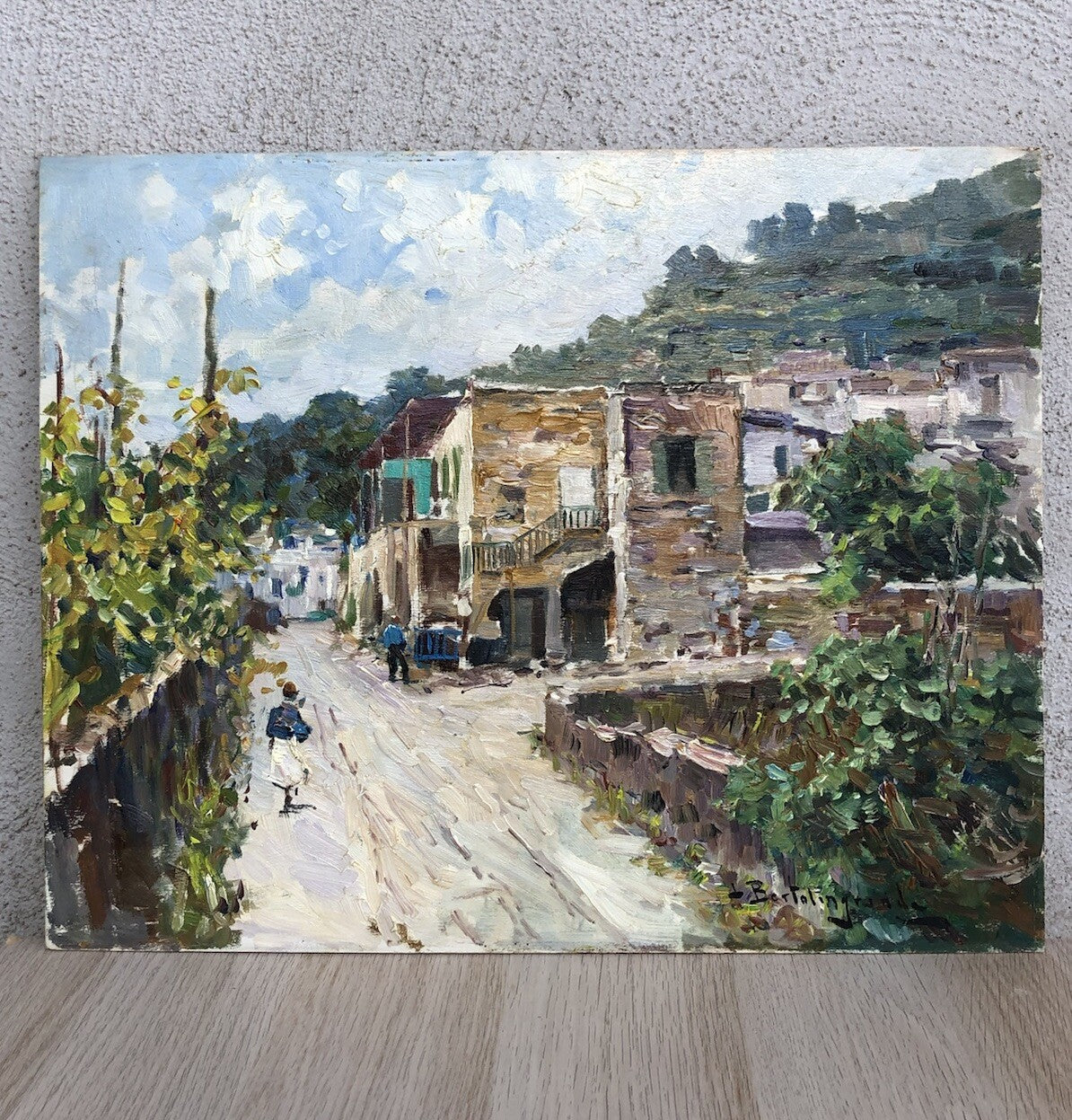 Quadro vintage -Paesaggio Con Case- dipinto a olio su tavoletta