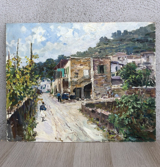Quadro vintage -Paesaggio Con Case- dipinto a olio su tavoletta