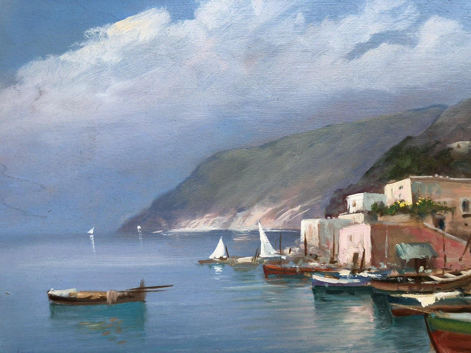 Quadro vintage -Marina Con Barche- dipinto a olio