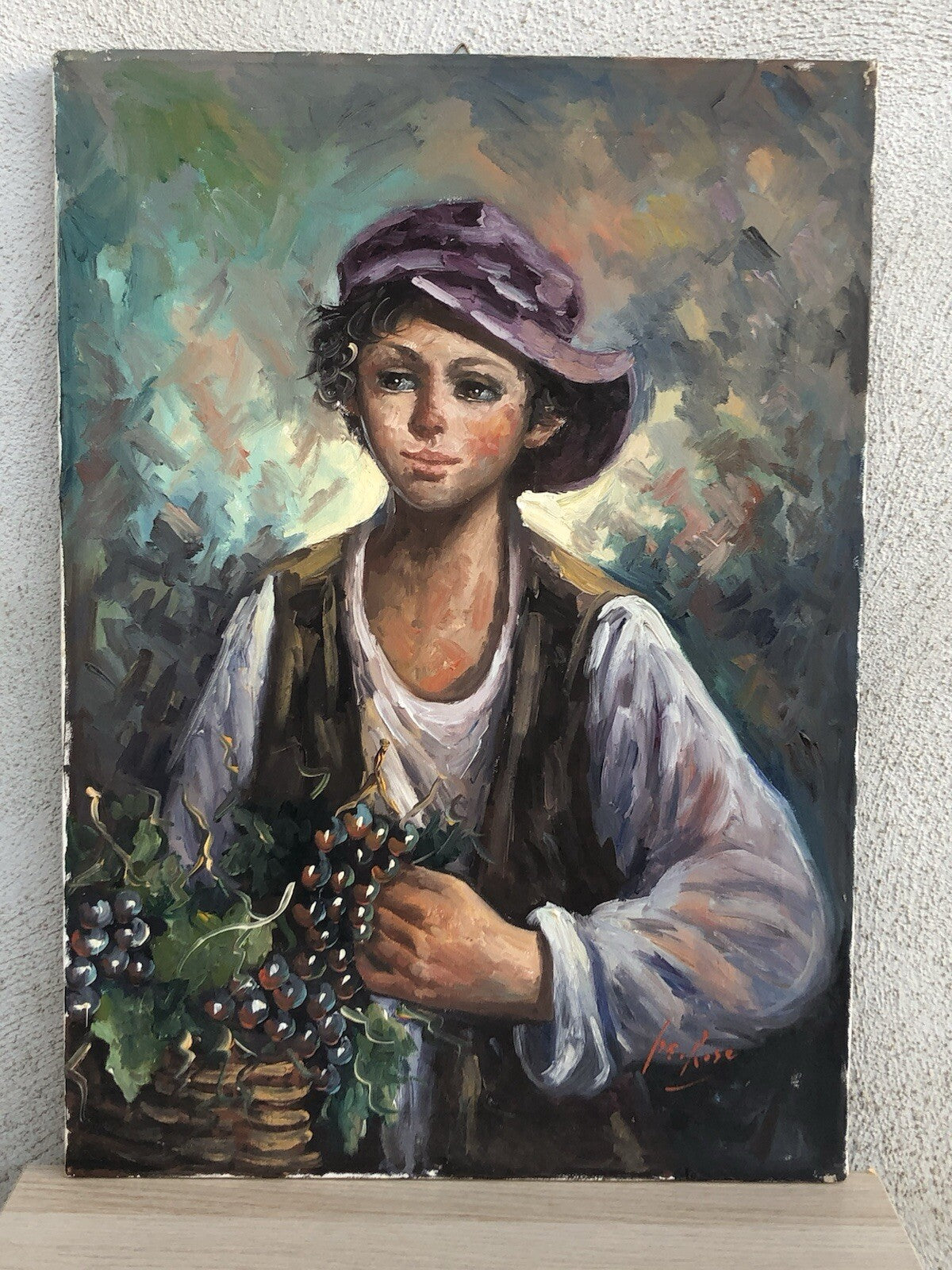 Quadro vintage -Ragazzo Con Frutta- dipinto a olio su tela