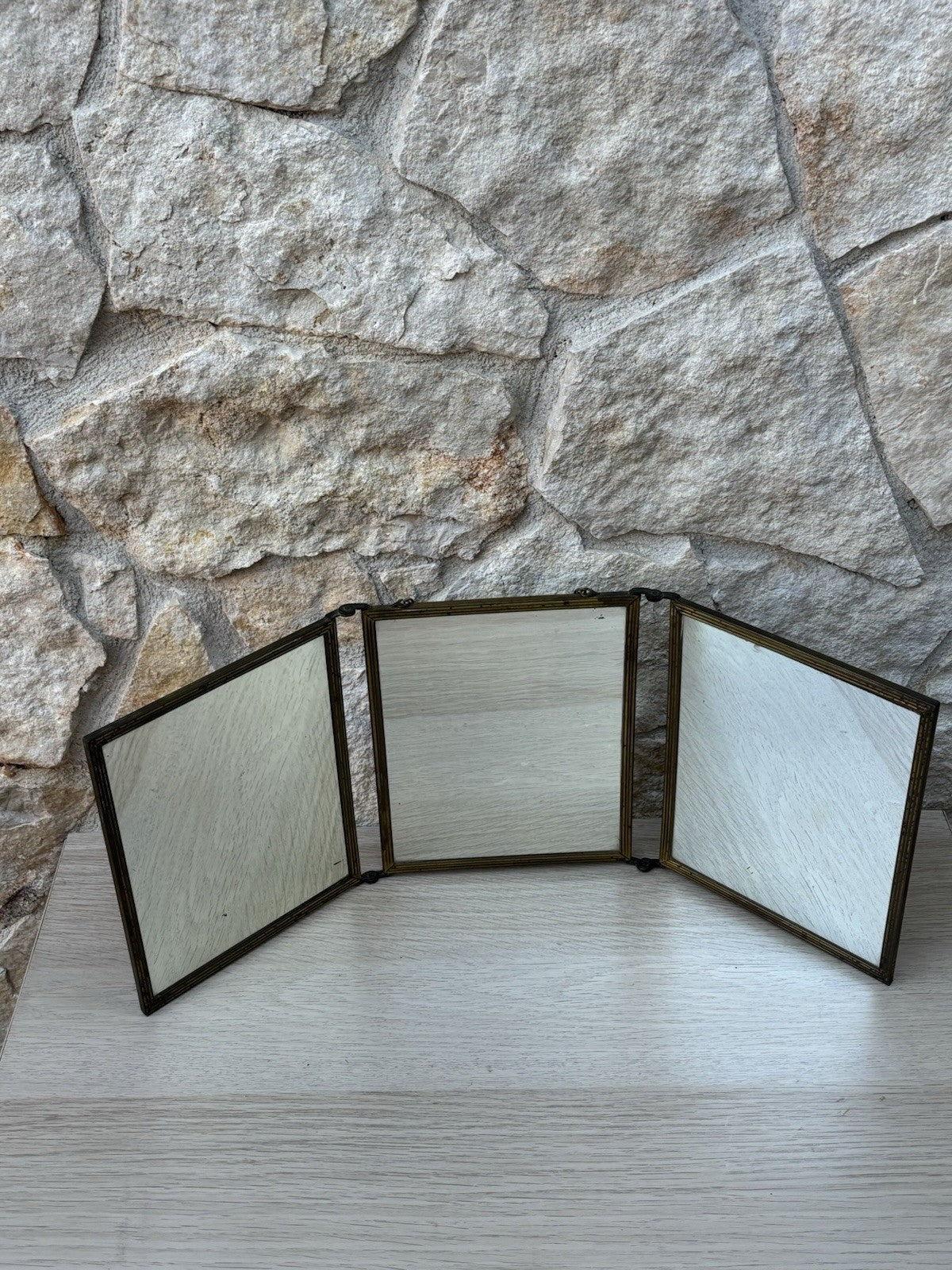 Specchio Trittico Da Barbiere Vintage In Metallo Ottone