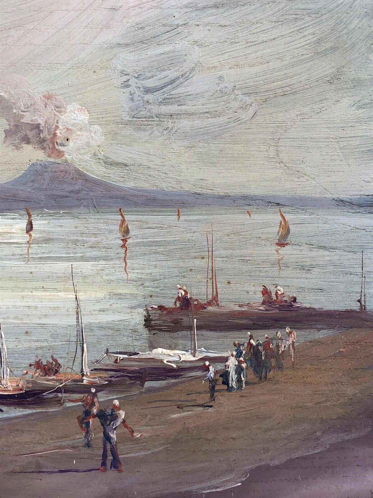 Quadro vintage -Marina Con Vesuvio- dipinto a olio su tavola