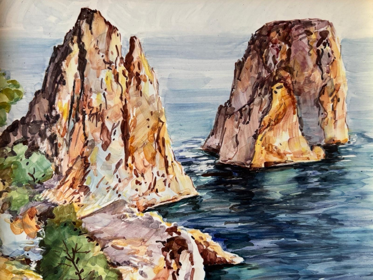 Quadro -Capri, I Faraglioni- dipinto su mattonella