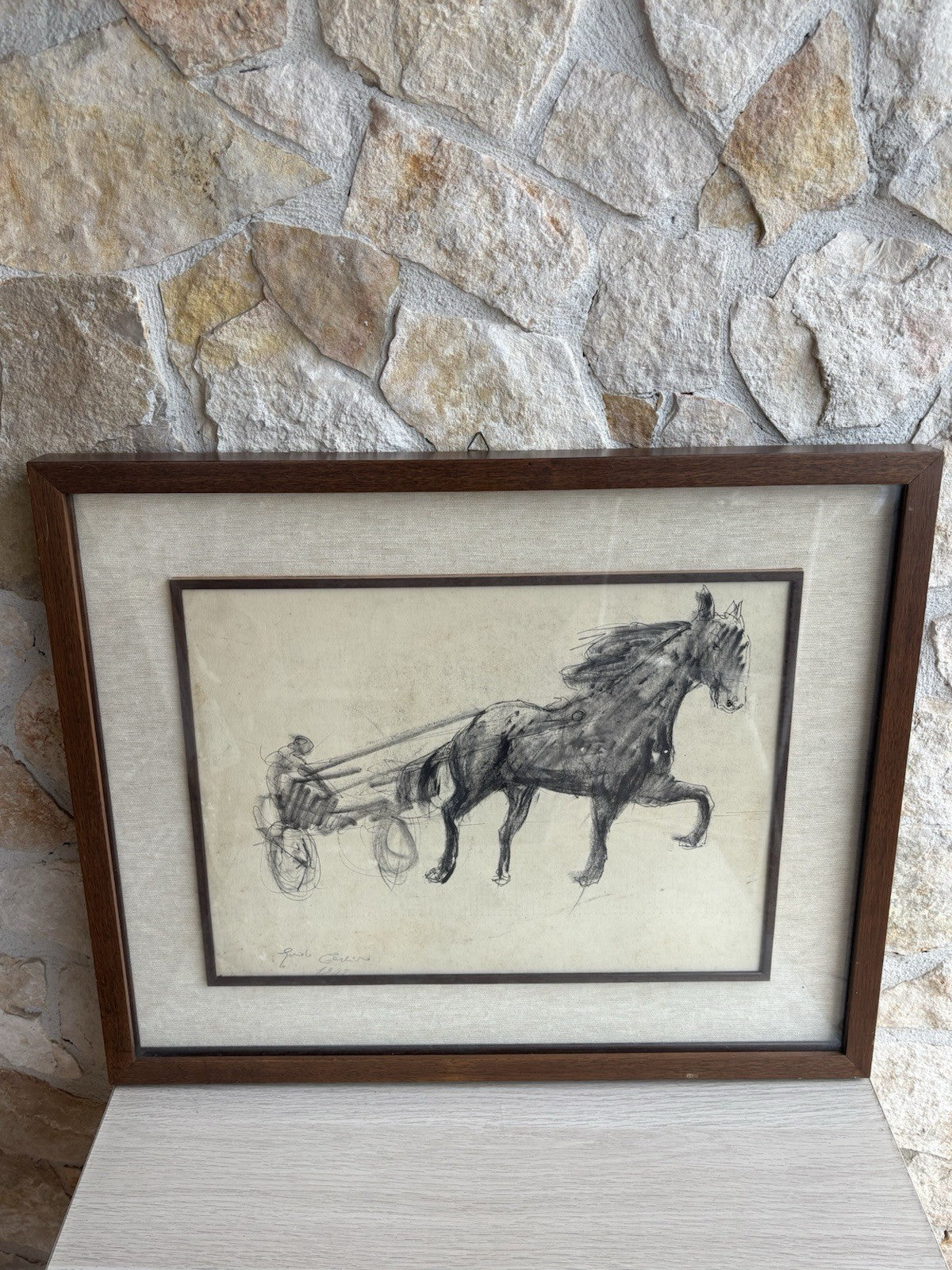 Quadro -Calesse Con Cavallo- Guido Casciaro disegno su carta