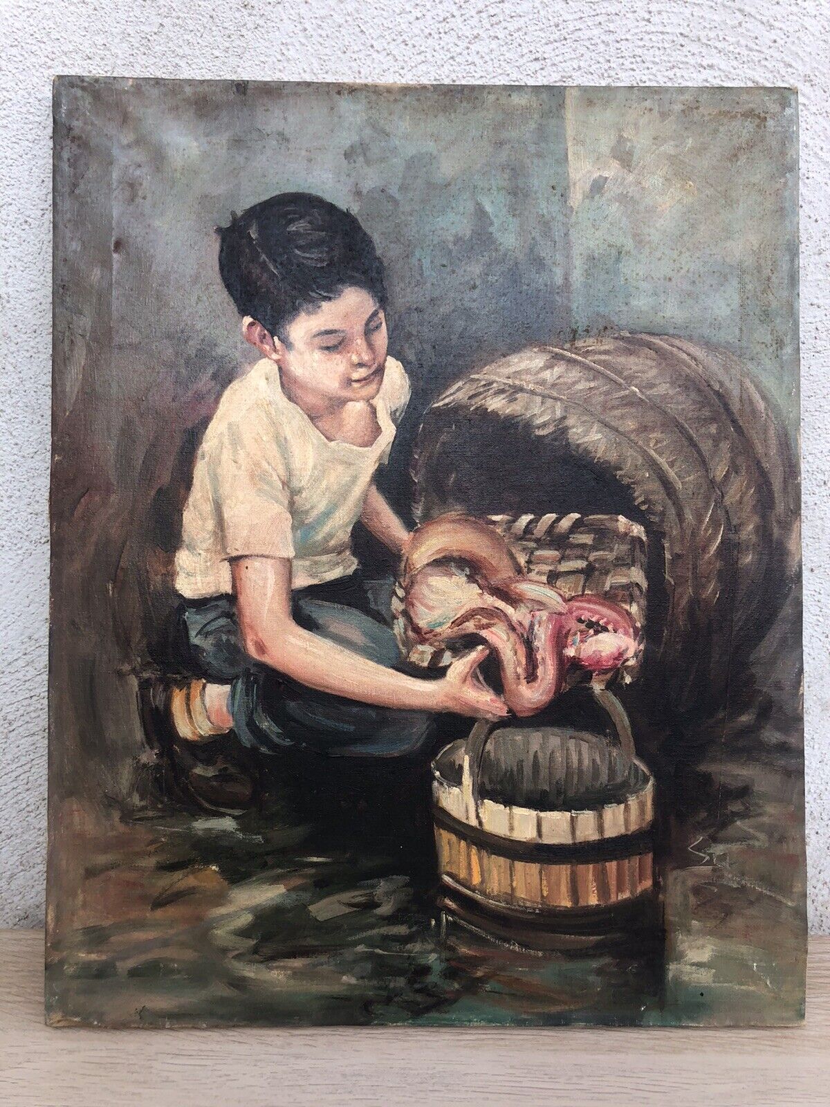 Quadro vintage -Pescivendolo- dipinto a olio su tela