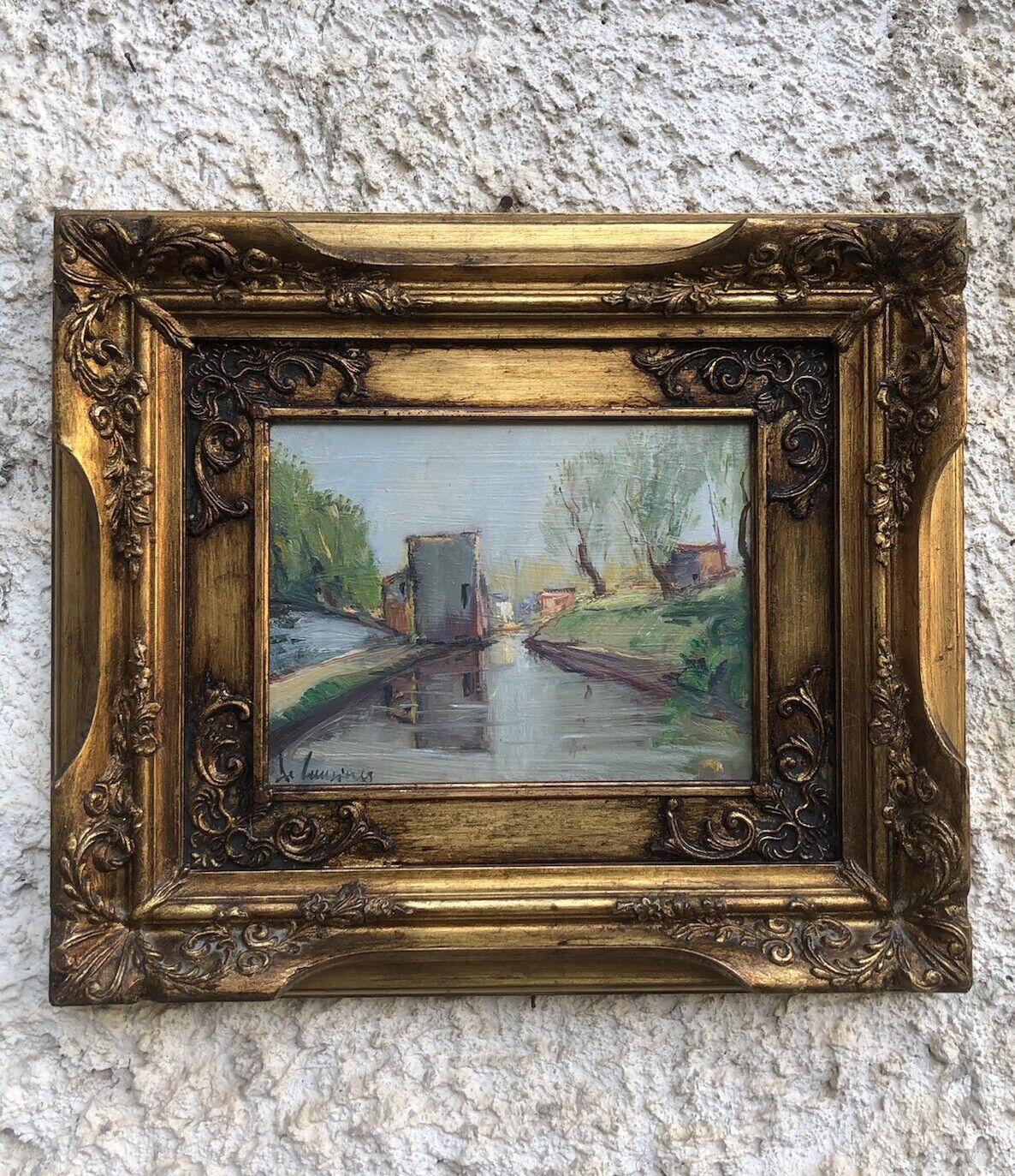 Quadro vintage -Paesaggio Con Fiume- dipinto a olio