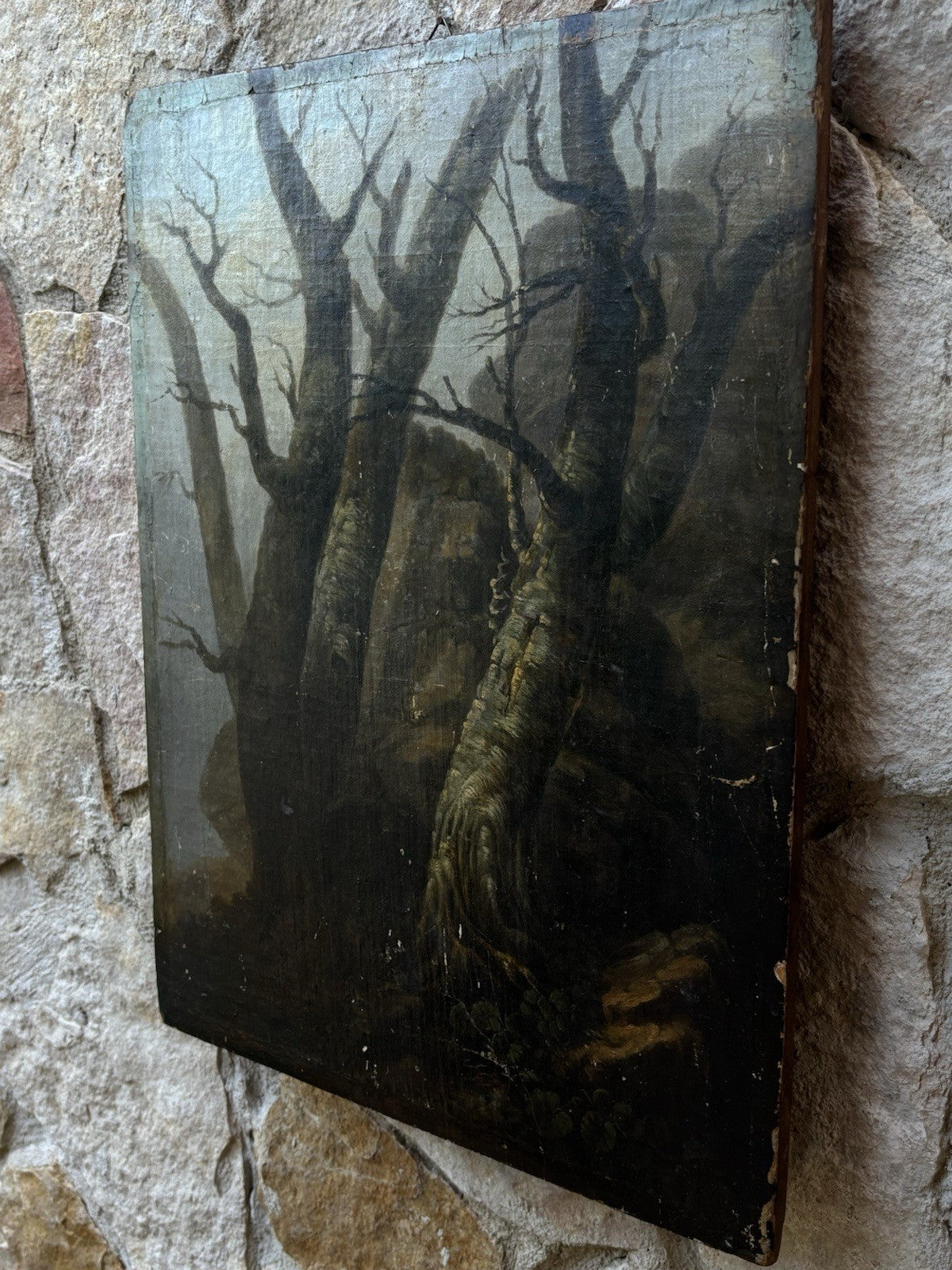 Quadro antico -Paesaggio Con Alberi- dipinto a olio su tavola