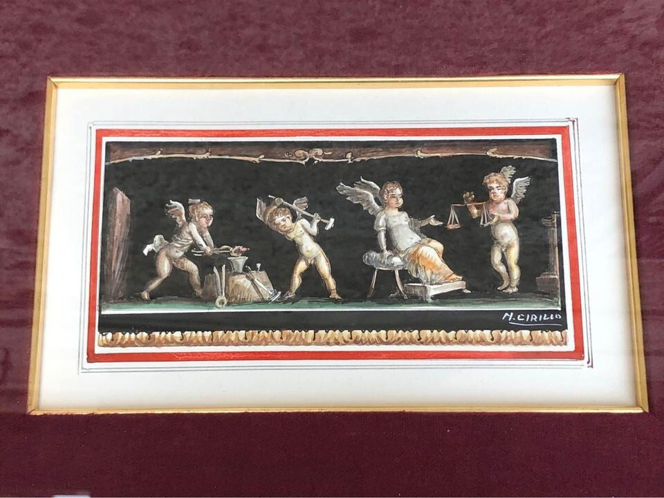 Coppia di quadri vintage “Puttini” dipinti ad acquerello su carta M.Cirillo