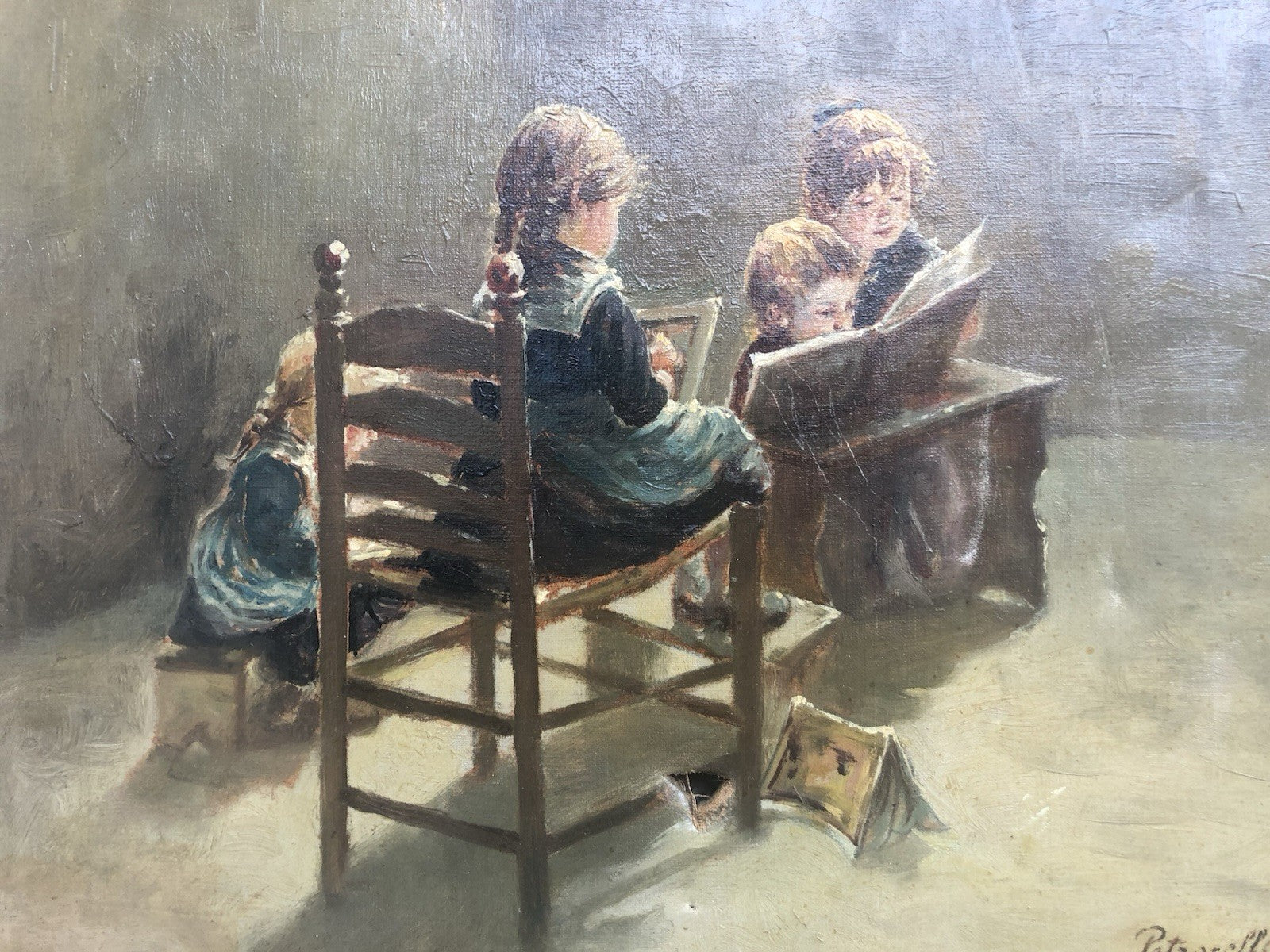 Quadro -Fanciulli In Lettura- dipinto a olio su tela