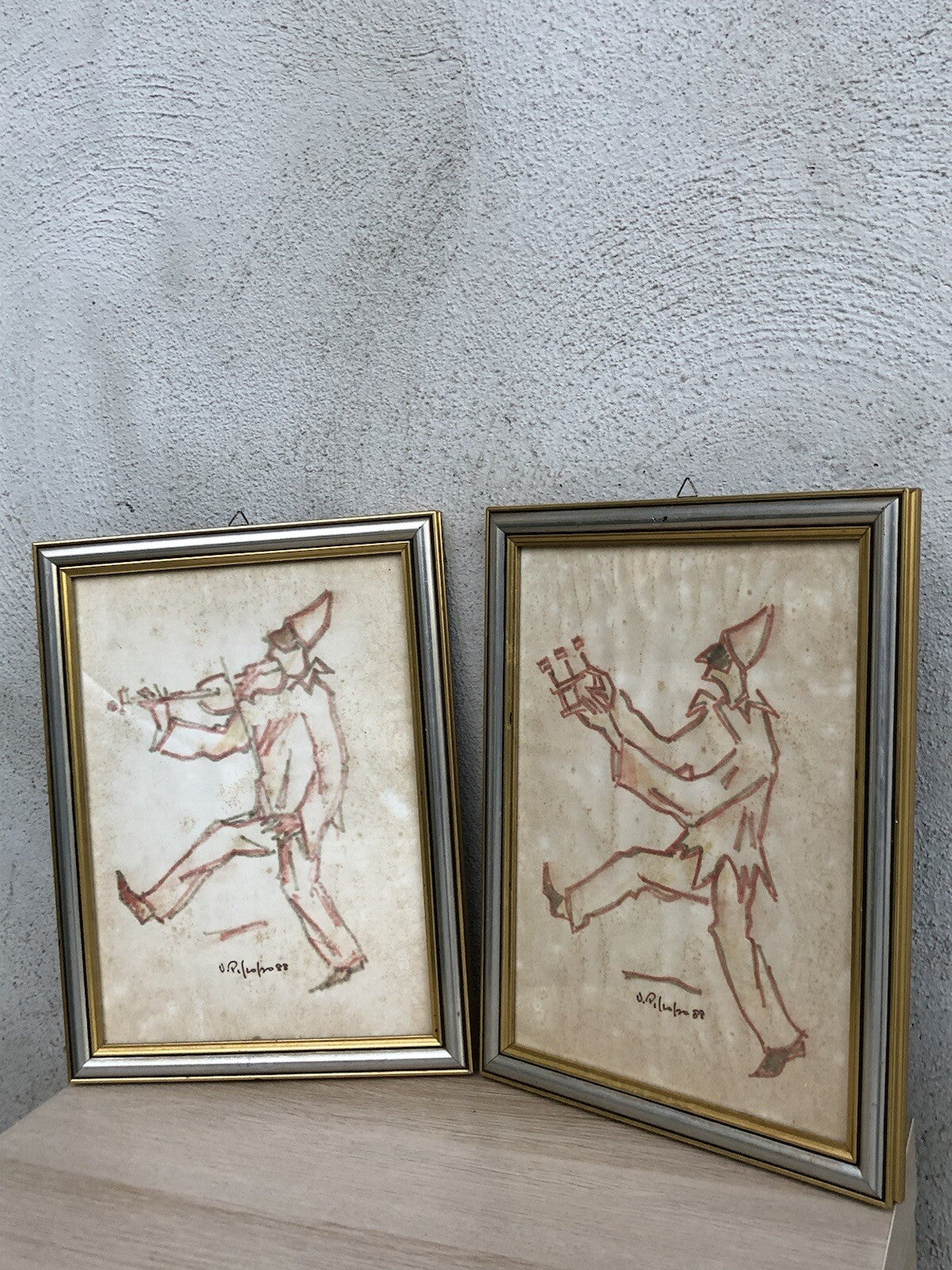 Coppia di quadri -Pulcinella- Vittorio Pisco a tecnica mista su carta