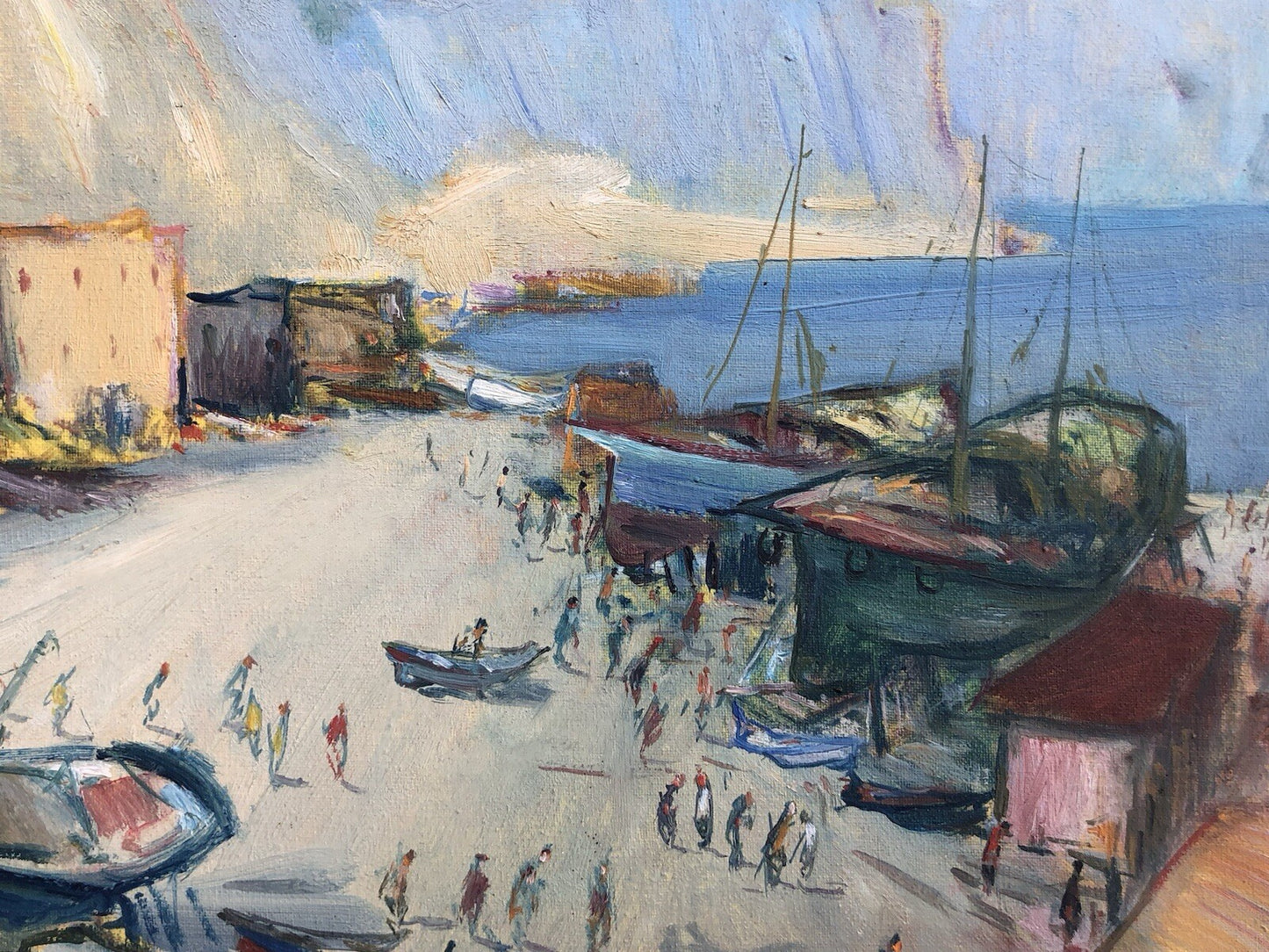 Quadro vintage -Porto Con Barche- dipinto a olio su tela
