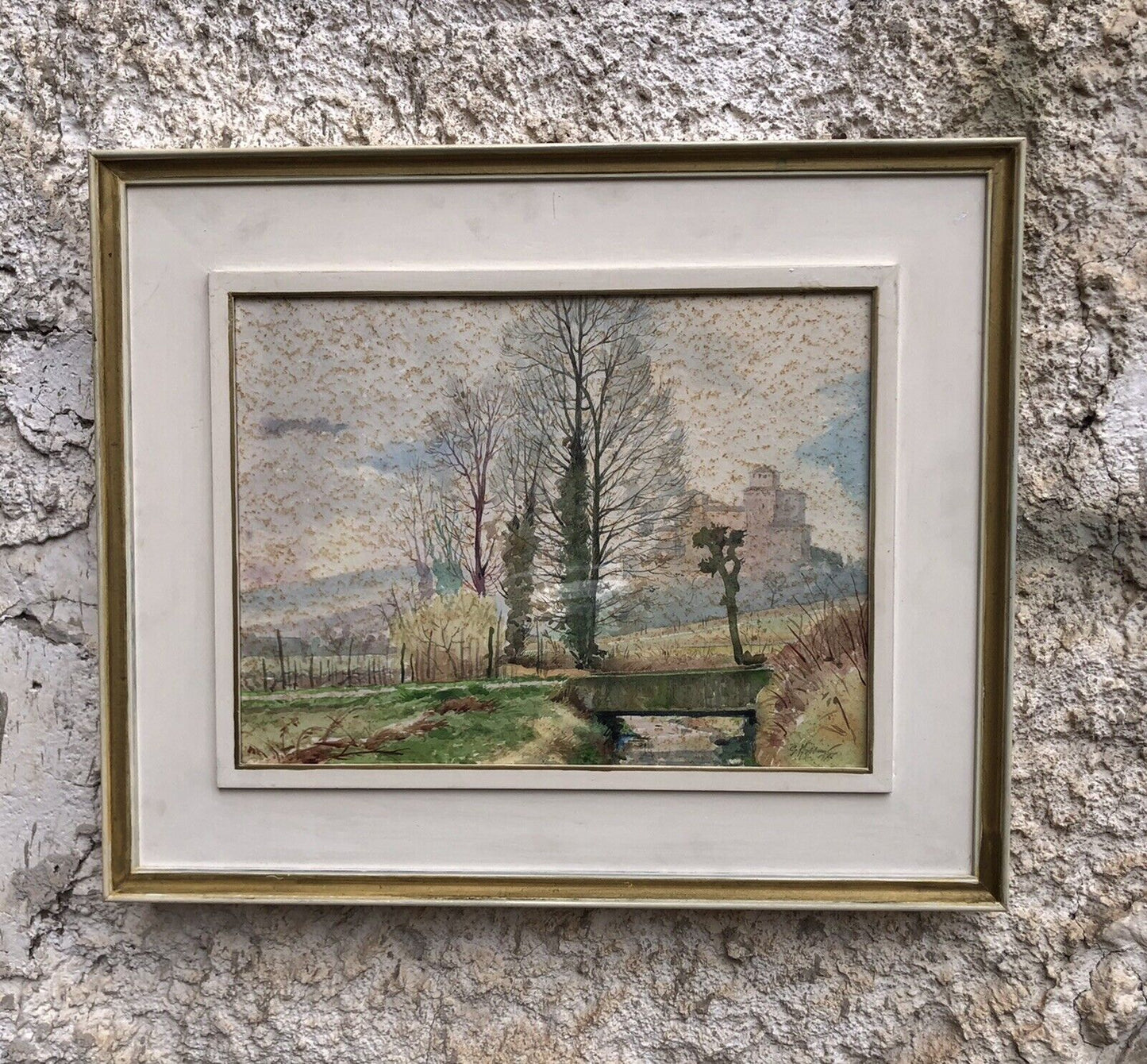 QUADRO VINTAGE -PAESAGGIO-DIPINTO AD ACQUERELLO SU CARTA