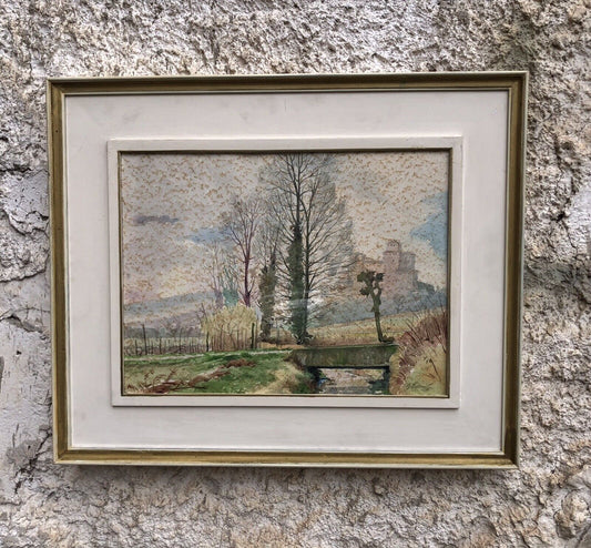 QUADRO VINTAGE -PAESAGGIO-DIPINTO AD ACQUERELLO SU CARTA