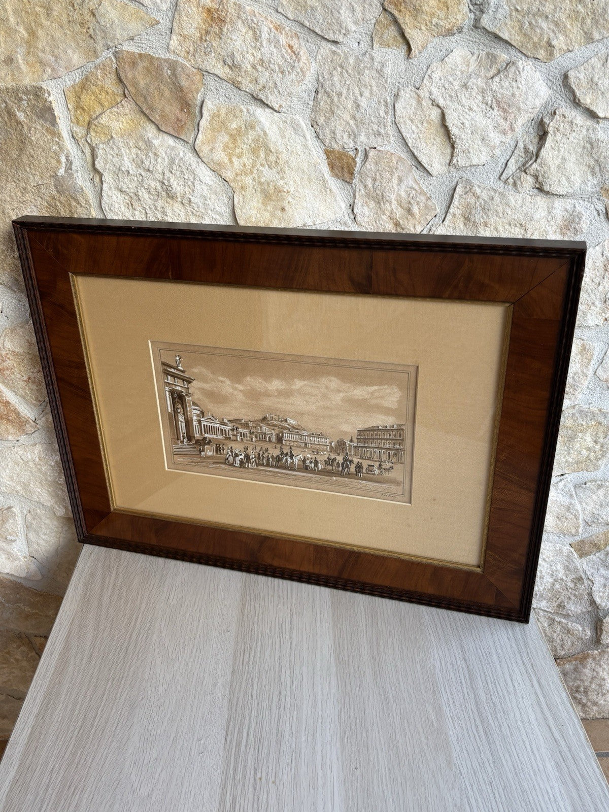 Quadro antico -Napoli, Piazza Plebiscito- realizzato a tecnica mista su carta