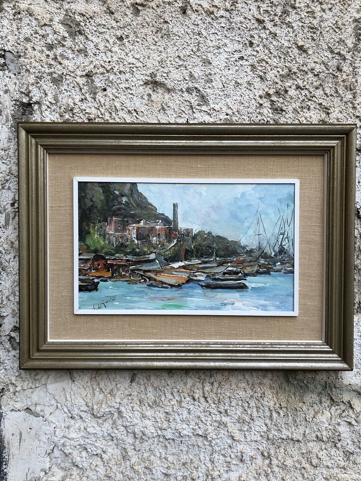 Quadro vintage -Marina Con Barche- dipinto a olio