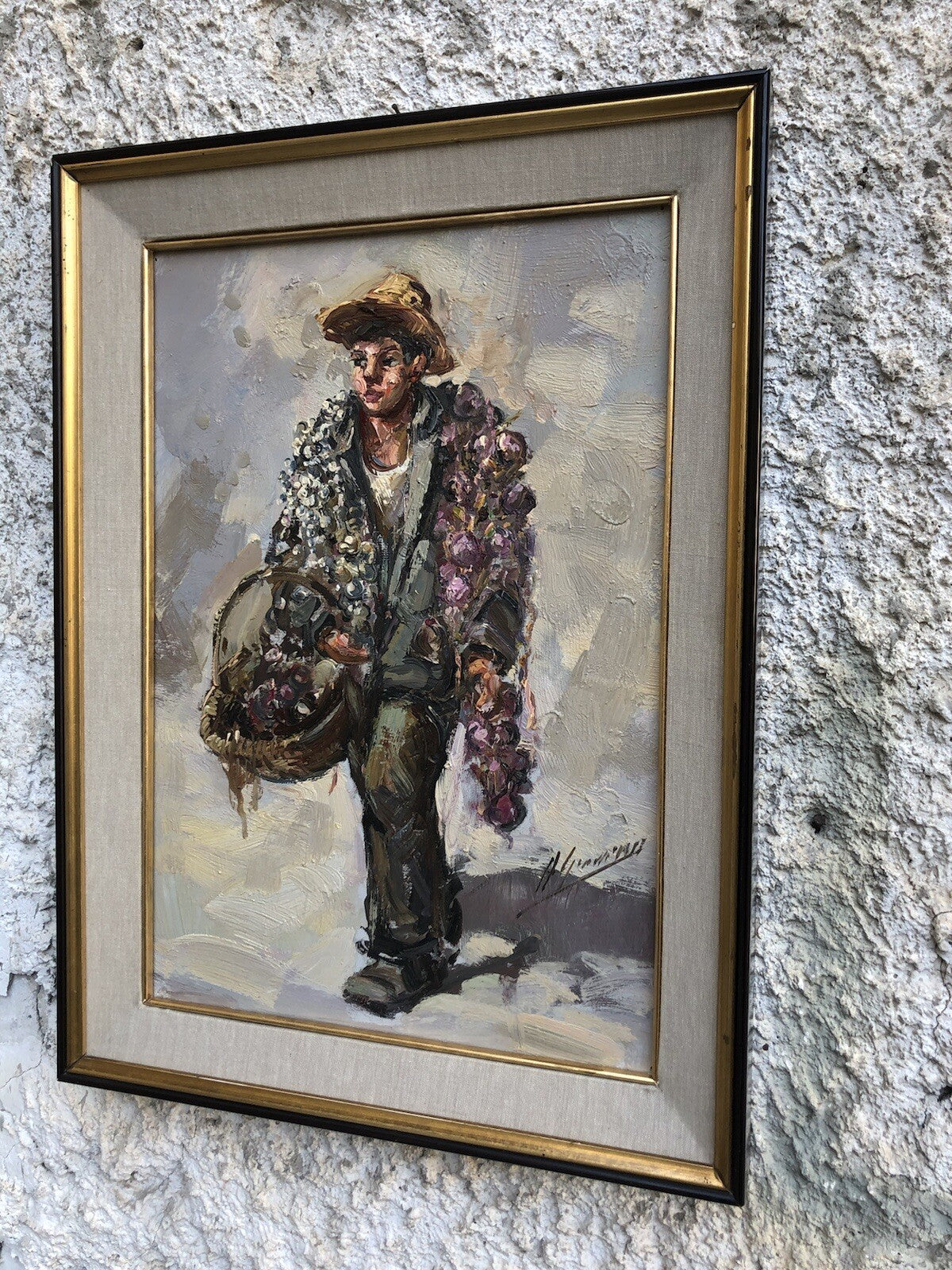 Quadro vintage -Ragazzo Con Cipolle- dipinto a olio su tavoletta