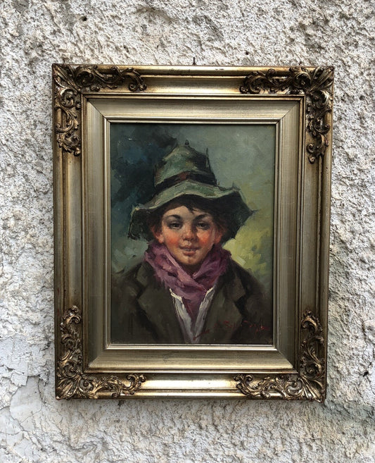 Quadro vintage -Fanciullo Con Cappello- dipinto a olio su tela