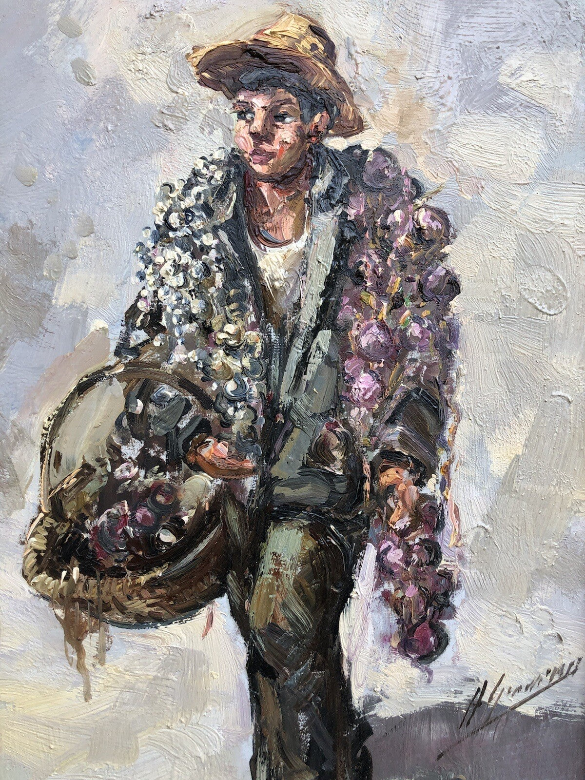 Quadro vintage -Ragazzo Con Cipolle- dipinto a olio su tavoletta