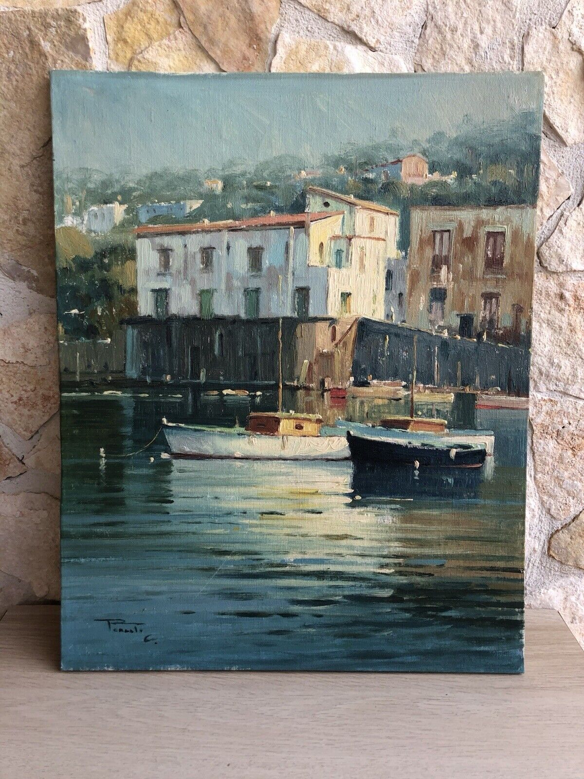 Quadro -Marina Con Barche- dipinto a olio su tela