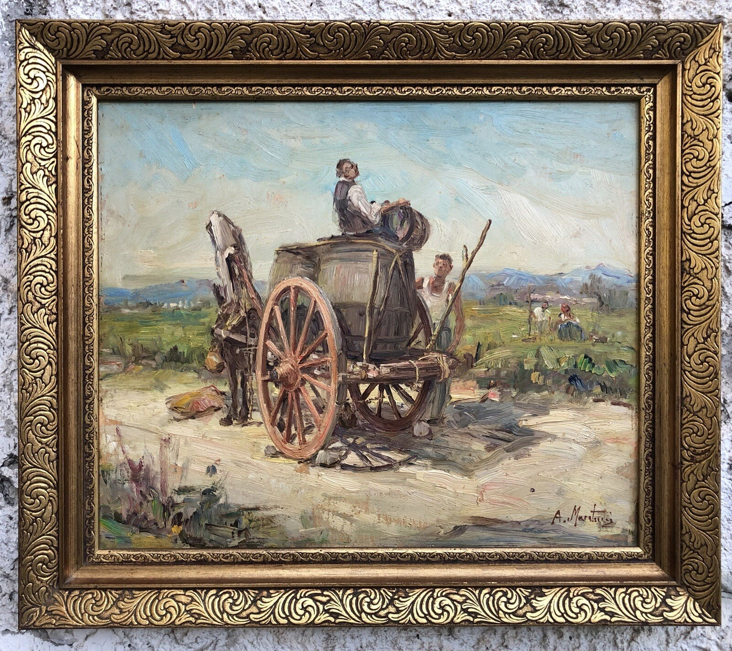 Quadro vintage -Paesaggio Con Carretto- dipinto a olio su tavoletta