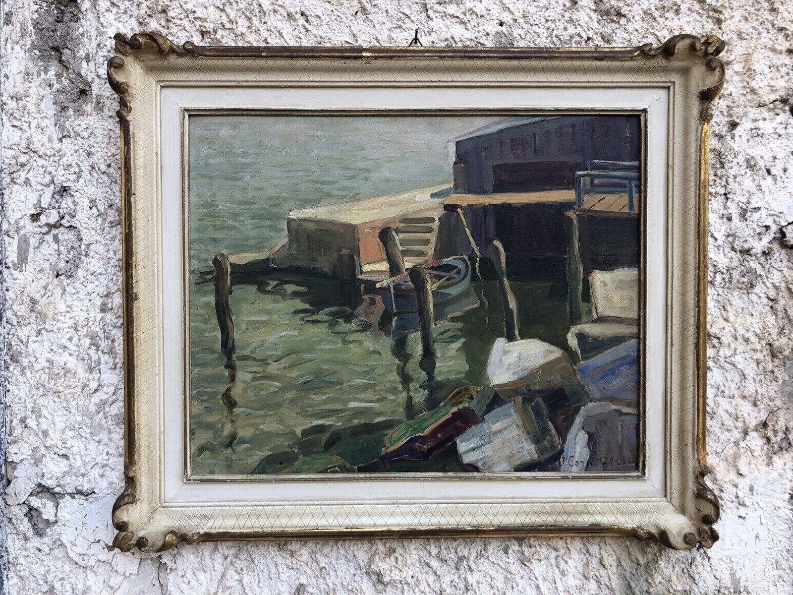 Quadro vintage francese -Barca Al Molo- dipinto a olio su tavoletta
