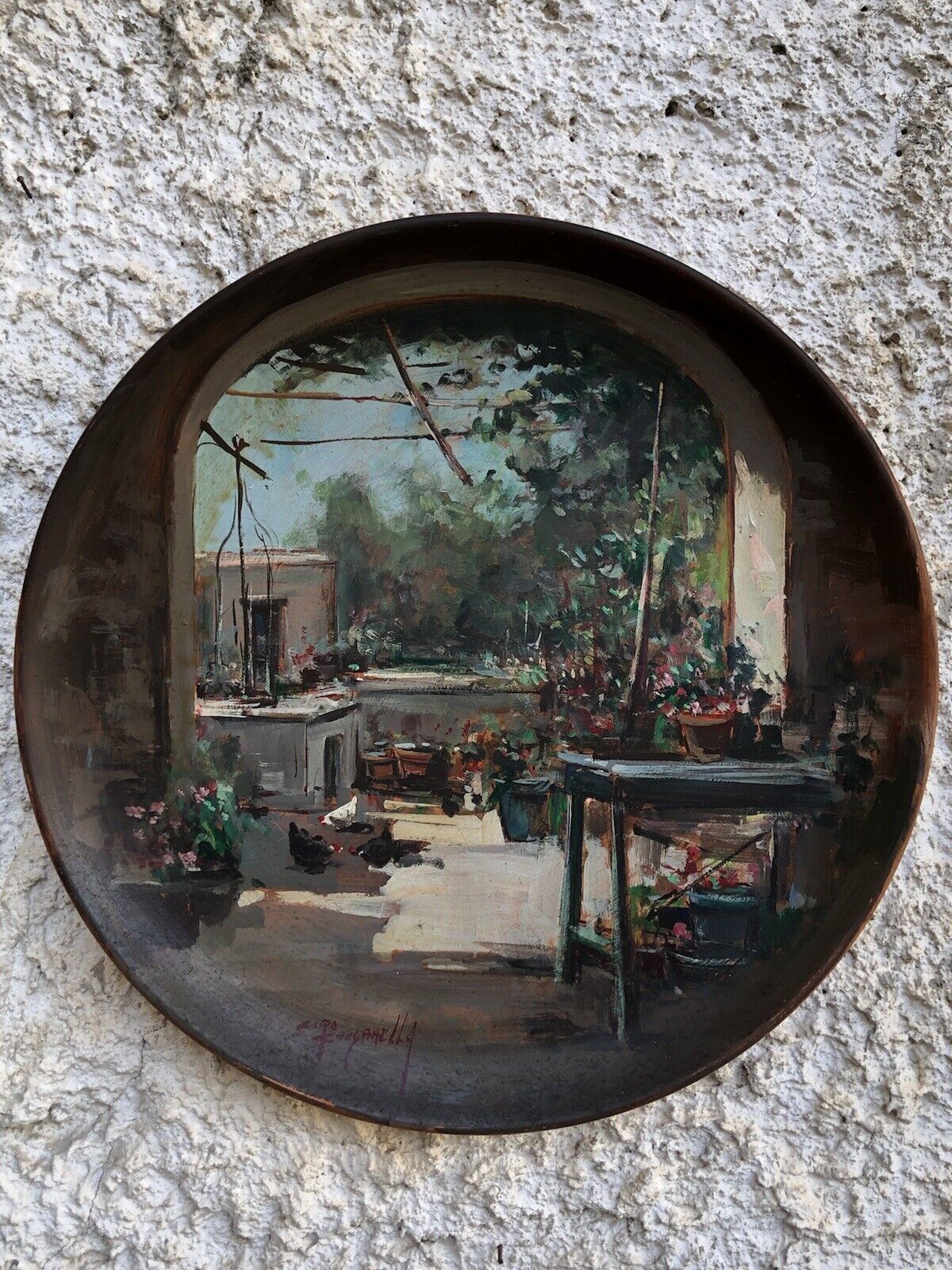 Piatto Vintage Dipinto A Olio su Terracotta