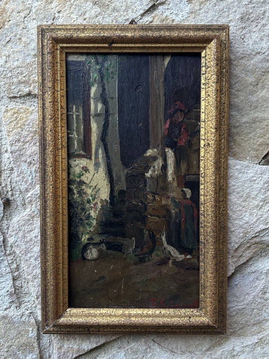 Quadro miniatura antico -Cortile- dipinto a olio su tavoletta