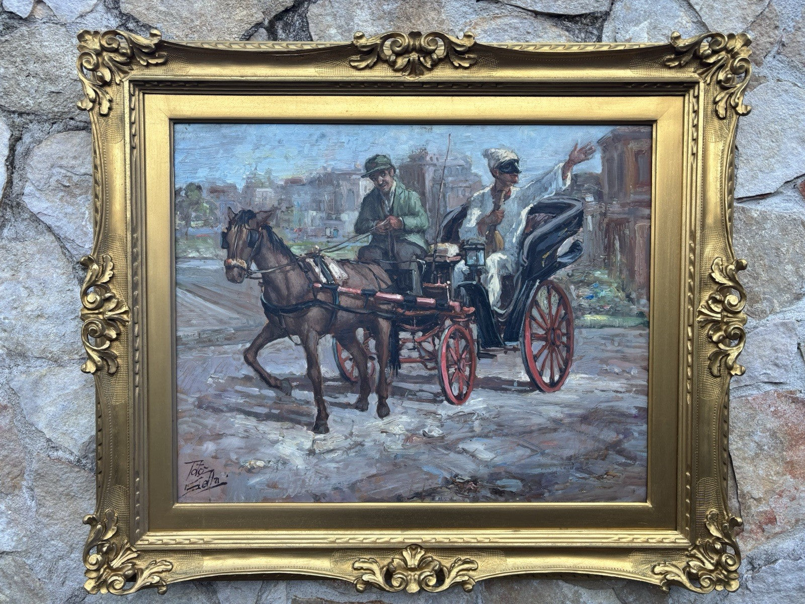 Quadro -Pulcinella In Carrozza- dipinto a olio