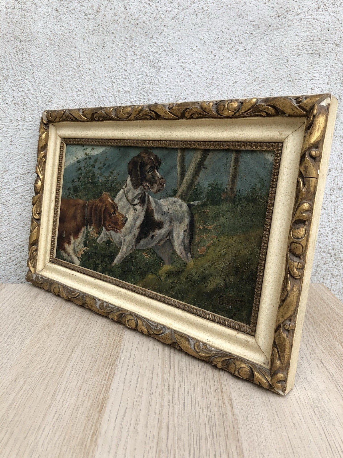 Quadro antico -Cani Da Caccia- dipinto a olio su tavola