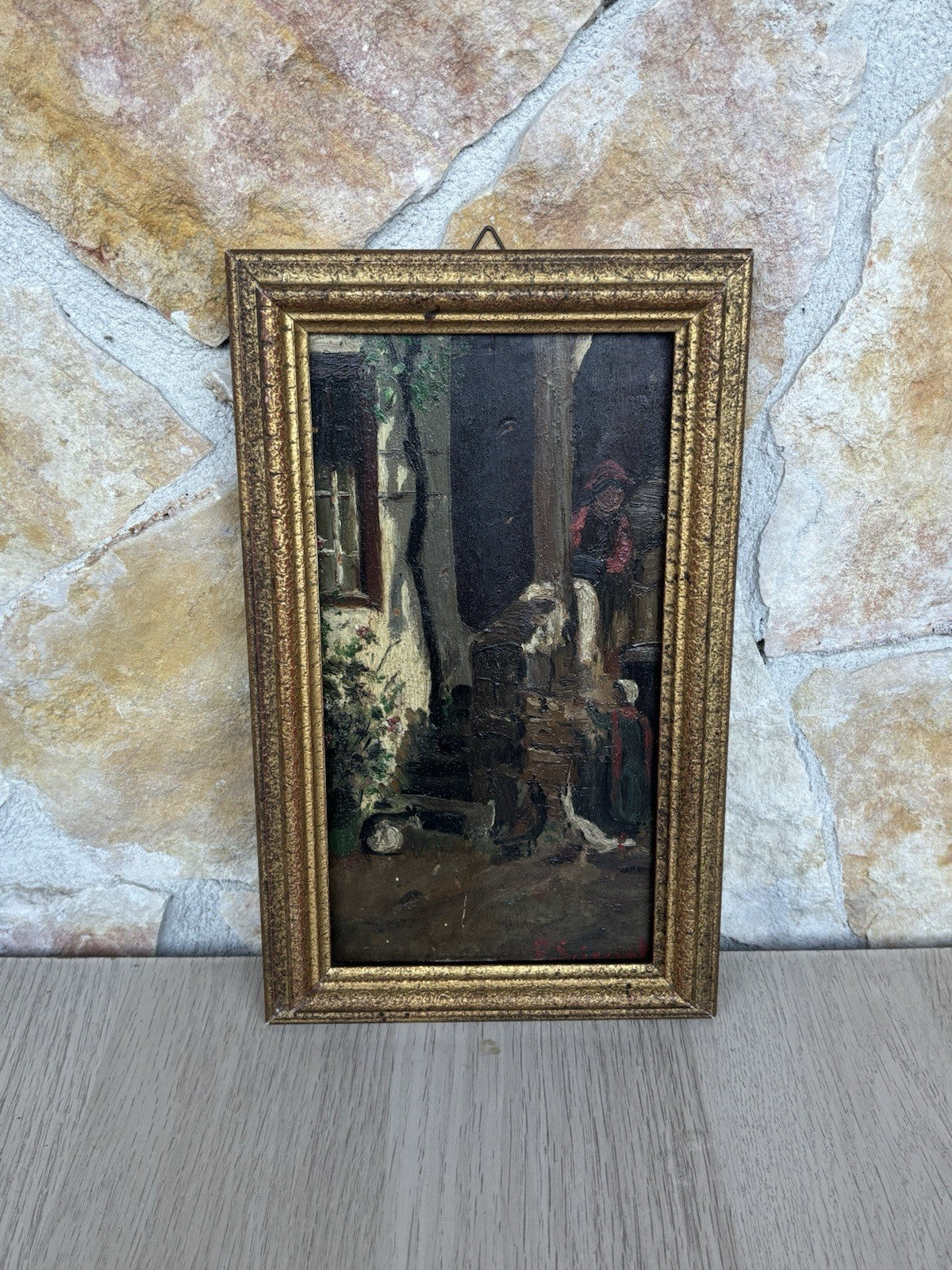 Quadro miniatura antico -Cortile- dipinto a olio su tavoletta