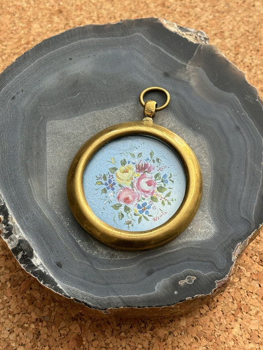 Quadretto Vintage Miniatura Fiori Dipinto A Olio